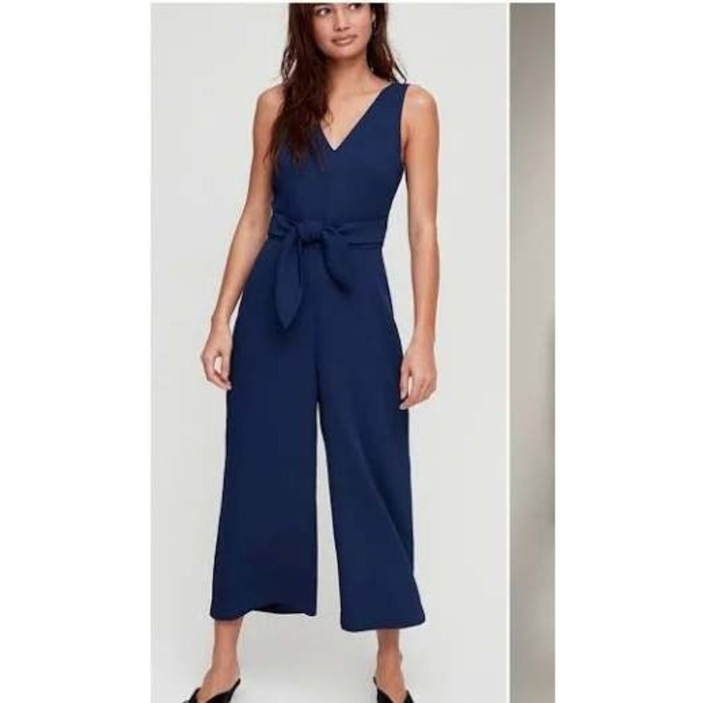 Aritzia Wilfred jumpsuit women sz 4 blue v-neck open back ties wide leg cropped